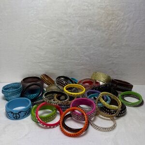 Huge Lot Rhinestone Bangle Bracelets Multicolor Acrylic Wood Crystal Stackable